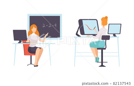 Work and Career with Woman Math Teaching and Drawing in Graphic Editor Vector Set 82137543