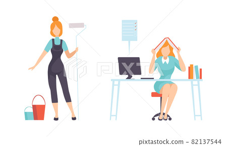 Work and Career with Woman Janitor with Mop and Bucket and Sitting at Office Desk Vector Set 82137544