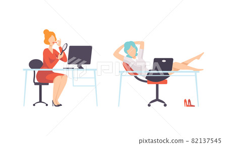 Work and Career with Woman at Office Desk Resting and Putting on Lipstick Vector Set Work and Career with Woman at Office Desk Resting and Putting on Lipstick Vector Set 82137545