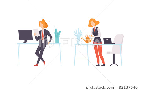 Work and Career with Woman in Suit at Office Desk Vector Set Work and Career with Woman in Suit at Office Desk Vector Set 82137546