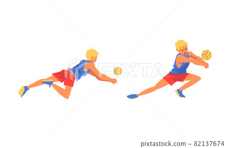 Young Blond Man Volleyball Player Hitting and Tossing the Ball with Hands Vector Set 82137674