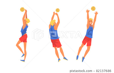 Young Blond Man Volleyball Player Hitting and Tossing the Ball with Hands Vector Set 82137686