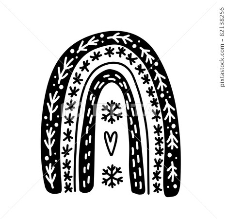 Merry Christmas cute vector hand drawn Rainbow with snowflake and hearts. Winter illustration in scandinavian style. design for fabric textile, t shirt, greeting card 82138256