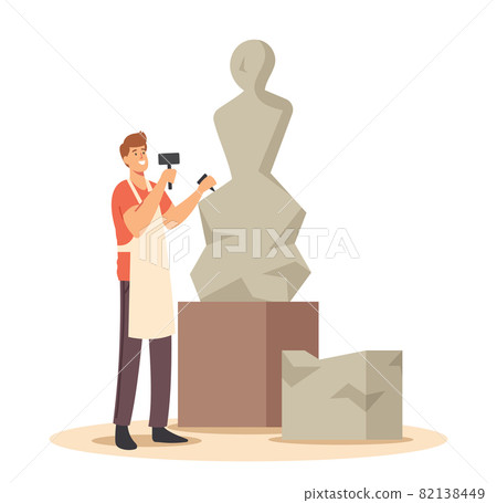 Talented Young Man Sculptor Working on Sculpture Making Figure of Stone or Marble. Craft Hobby and Creative Profession 82138449