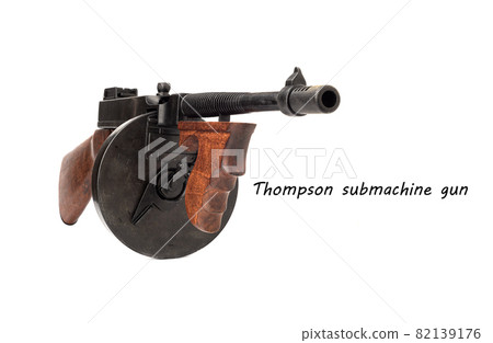 Full scale model of a Thompson submachine gun isolated on white with sample text. Full scale model of a Thompson submachine gun isolated on white with sample text. 82139176