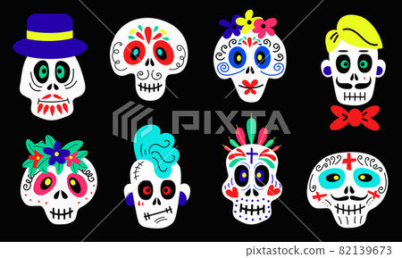 set of vector stickers of funny colorful skulls 82139673