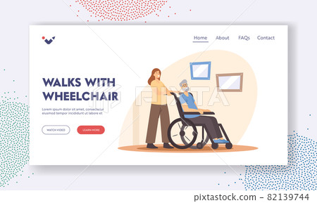 Walks with Wheelchair Landing Page Template. Young Woman Help to Old Disabled Man at Home or Nursing House Walks with Wheelchair Landing Page Template. Young Woman Help to Old Disabled Man at Home or Nursing House 82139744