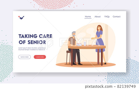 Taking Care, Help to Seniors Landing Page Template. Caregiver Character Bring Food to Old Man. Support and Assistance Taking Care, Help to Seniors Landing Page Template. Caregiver Character Bring Food to Old Man. Support and Assistance 82139749