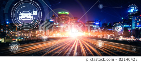 Electric car virtual reality graphic on road in fast speed EV charging station 82140425