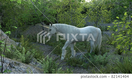 Fantasy unicorn in the fairy forest 3d illustration Fantasy unicorn in the fairy forest 3d illustration 82141404