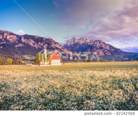 Neuschwanstein Castle and St. Coromant Church evening view in the Fuyussen Mountains on the German Romantic Road Neuschwanstein Castle and St. Coromant Church evening view in the Fuyussen Mountains on the German Romantic Road 82142568