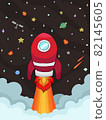 Red space craft lunch to the galaxy, flat design space vehicle on dark brown background with stars, satellite, meteor and planets. Doodle cartoon vector by hand drawing. 82145605