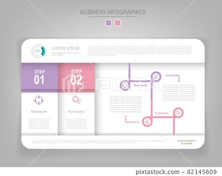 Infographic template vector of two steps on work sheet, designed for tag banner, presentation, template, flat design of business icon, etc. There are words such teamwork, and functions. 82145609
