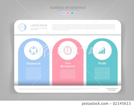 Infographic template of three parts on work sheet, flat design of business icon, there are words such as teamwork, time management, and profit. 82145613