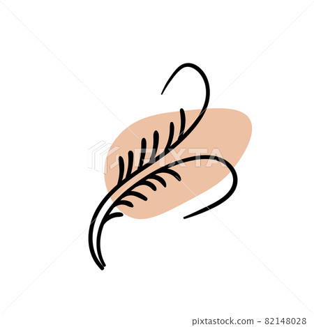 Branch with an abstract round spot. Artistic floral minimalist print. Isolated black silhouette of a plant with pastel drops. Modern watercolor shapes with leaves, acrylic ink blobs. Vector element 82148028