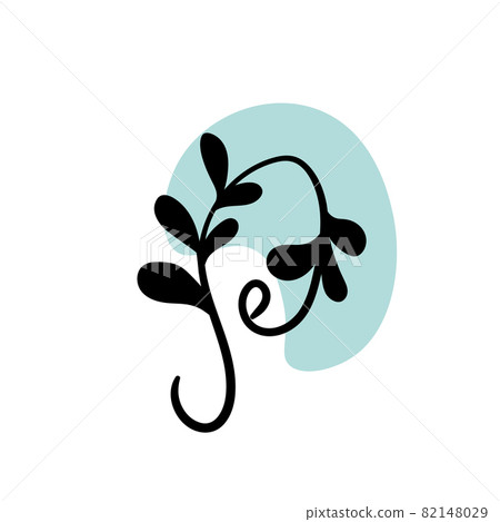 Branch with an abstract round spot. Artistic floral minimalist print. Isolated black silhouette of a plant with pastel drops. Modern watercolor shapes with leaves, acrylic ink blobs. Vector element 82148029