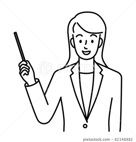 Upper body (line) of a young woman in a suit holding a pointer in her right hand Upper body (line) of a young woman in a suit holding a pointer in her right hand 82148882