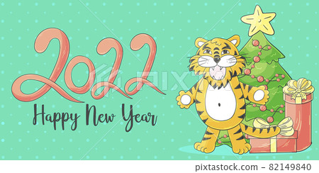 Symbol of 2022. Lettering 2022. Dark vector greeting card with a tiger in hand draw style. New Year. Cartoon illustration 82149840
