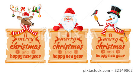 Santa claus, snowman and deer christmas characters 82149862