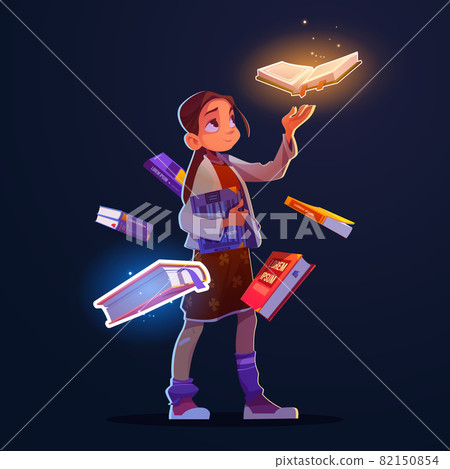 Girl with flying books with magic glow Girl with flying books with magic glow 82150854