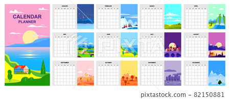 Calendar Planner minimalistic landscape natural backgrounds of four seasons template. Winter, Spring, Summer, Autumn. Monthly for diary business. Week Starts Sunday. Vector flat style isolated 82150881