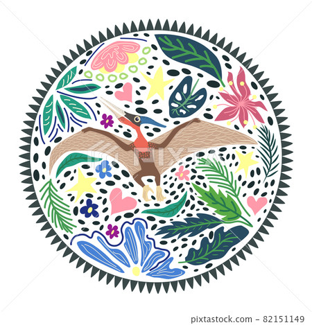 Flying pterodactyl, prehistoric dinosaurs collection. Ancient animals. Hand drawn. In a frame of flowers and leaves. 82151149