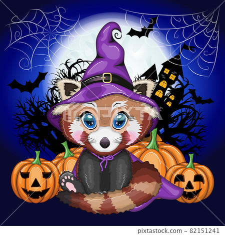 Cartoon red panda in a purple witch's hat and cloak with pumpkins, against the backdrop of a cobweb, castle, moon and trees. Halloween poster 82151241