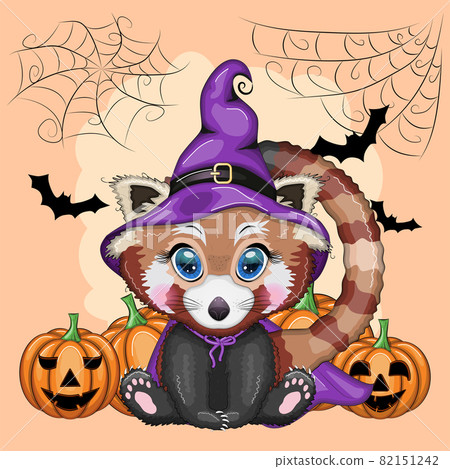 Cartoon red panda in a purple witch's hat and cloak with pumpkins, against the backdrop of a cobweb, castle, moon and trees. Halloween poster 82151242