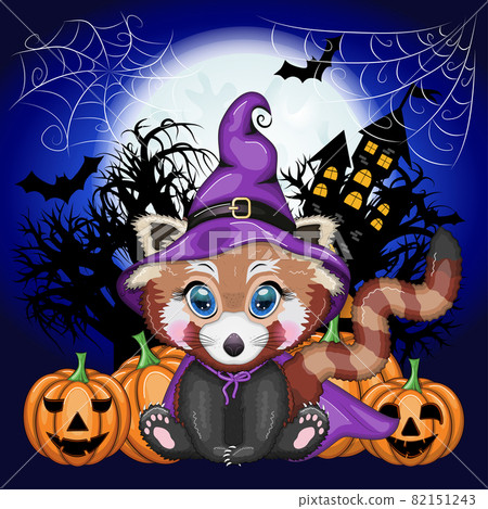 Cartoon red panda in a purple witch's hat and cloak with pumpkins, against the backdrop of a cobweb, castle, moon and trees. Halloween poster 82151243