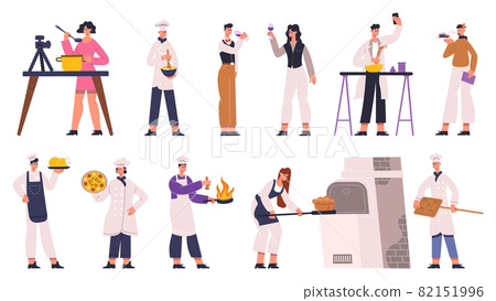 Cooks, chefs, sommelier, food critic and food bloggers. Food review, restaurant chef, wine sommelier and food experts vector Illustration set. Culinary cook characters Cooks, chefs, sommelier, food critic and food bloggers. Food review, restaurant chef, wine sommelier and food experts vector Illustration set. Culinary cook characters 82151996