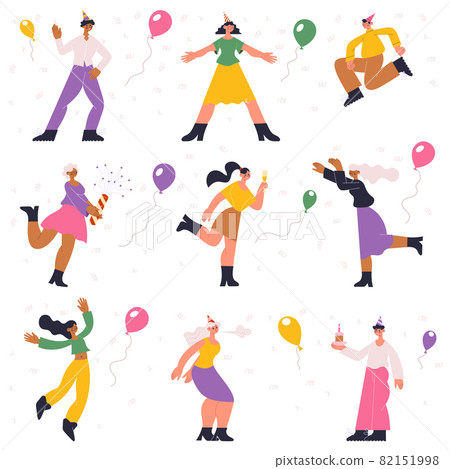 Birthday party preparation, celebration, dancing, happy characters. People having fun, celebrating with confetti and balloons vector illustration set. Fun festive people Birthday party preparation, celebration, dancing, happy characters. People having fun, celebrating with confetti and balloons vector illustration set. Fun festive people 82151998