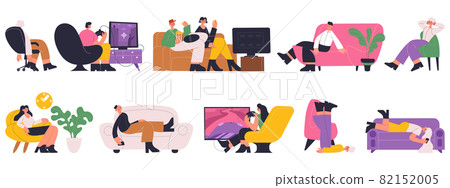 Characters sleeping, working, resting, watching tv on comfy sofas. People spending time, reading on couch vector illustration set. Women and men relaxing on comfy sofa Characters sleeping, working, resting, watching tv on comfy sofas. People spending time, reading on couch vector illustration set. Women and men relaxing on comfy sofa 82152005