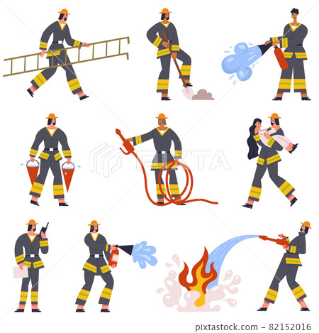 Brave firefighters rescue emergency service characters in action. Fireman with fire extinguishing rescue equipment vector illustration set. Firefighters emergency service Brave firefighters rescue emergency service characters in action. Fireman with fire extinguishing rescue equipment vector illustration set. Firefighters emergency service 82152016