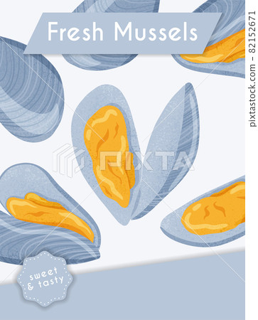 Fresh tasty seafood clams, shellfish in seashells vector hand drawn poster design with text space. Fresh tasty seafood clams, shellfish in seashells vector hand drawn poster design with text space. 82152671