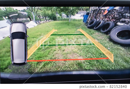 Car rear view camera monitor screen. Obstacle warning, road view, transportation Car rear view camera monitor screen. Obstacle warning, road view, transportation 82152840