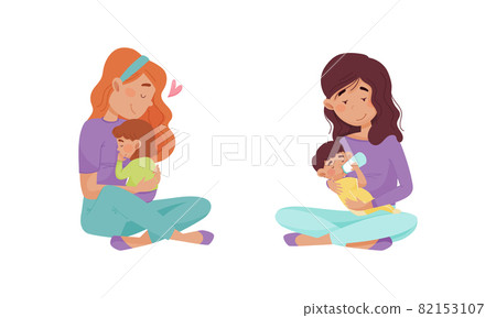 Mom hugging toddler baby set. Happy mothers sitting on floor and feeding their little kids cartoon vector illustration Mom hugging toddler baby set. Happy mothers sitting on floor and feeding their little kids cartoon vector illustration 82153107