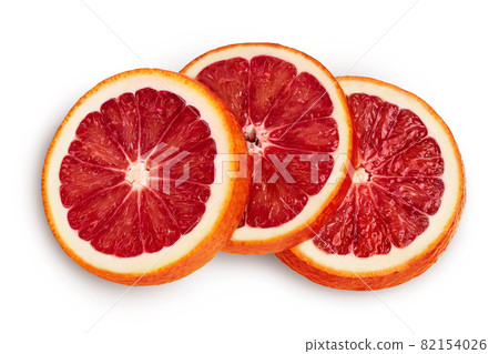 Blood red oranges slices isolated on white background with clipping path. Top view. Flat lay Blood red oranges slices isolated on white background with clipping path. Top view. Flat lay 82154026