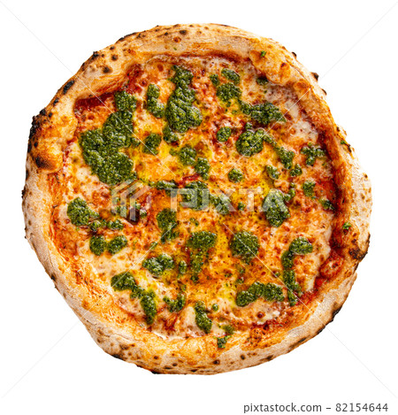 Isolated appetizing fresh pizza with pesto sauce Isolated appetizing fresh pizza with pesto sauce 82154644