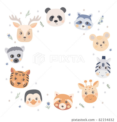Round frame with animal faces, giraffe, tiger, lemur, penguin, zebra bear, panda, deer and raccoon. Design template for text, copy space. Round frame with animal faces, giraffe, tiger, lemur, penguin, zebra bear, panda, deer and raccoon. Design template for text, copy space. 82154832