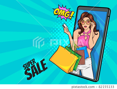 surprised woman holding shopping bags out of smartphone online shopping concept 82155133