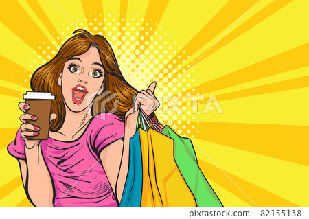 surprised happy woman with coffee cup and shopping bags surprised happy woman with coffee cup and shopping bags 82155138