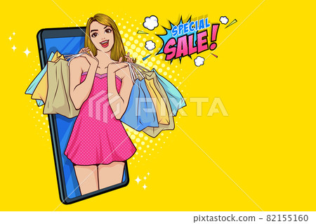 female holding shopping bag feeling happy online store discount promotion female holding shopping bag feeling happy online store discount promotion 82155160