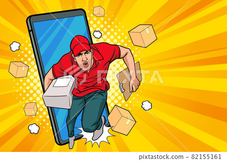 Fast and Express Delivery man employee with a box out from mobile phone Fast and Express Delivery man employee with a box out from mobile phone 82155161