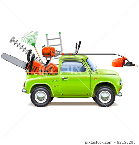 Vector Green Pickup Truck with Garden Equipment 82155295