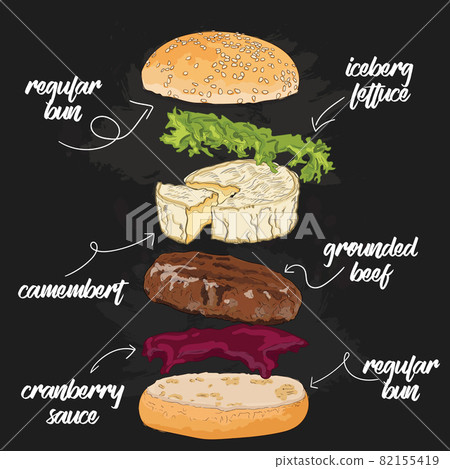 Hand Drawn Colorful Beef and Camembert cheeseburger Flying Ingredients 82155419
