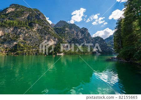 Small Alpine Lake in Trentino Italy - Pragser Wildsee or Lago di Braies Small Alpine Lake in Trentino Italy - Pragser Wildsee or Lago di Braies 82155665