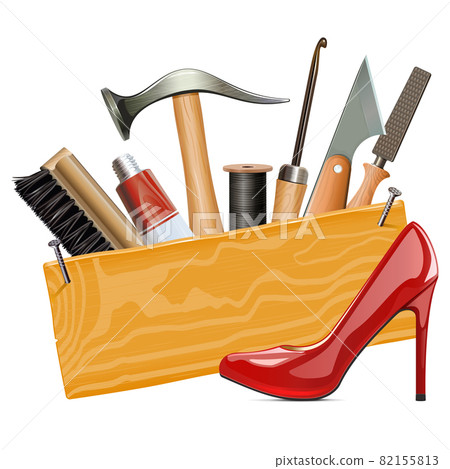 Vector Wooden Board with Cobbler Tools and Red Female Shoe Vector Wooden Board with Cobbler Tools and Red Female Shoe 82155813