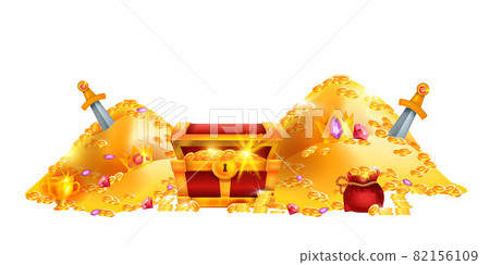 Gold pirate treasure vector illustration, old cartoon chest, money coin pile, royal crown 82156109
