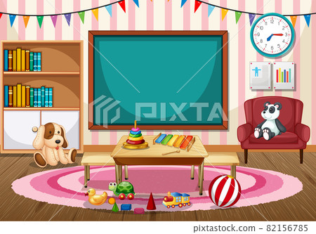Empty kindergarten classroom interior with chalkboard and kid toys Empty kindergarten classroom interior with chalkboard and kid toys 82156785