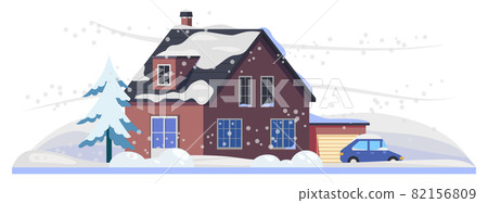 Snow and house under winter snowfall, cold weather 82156809